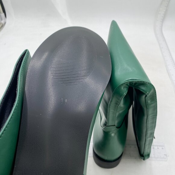 Green Square Toe Long Leather Boots Block Low Heel Women Knee High Riding Boot - Picture 5 of 7